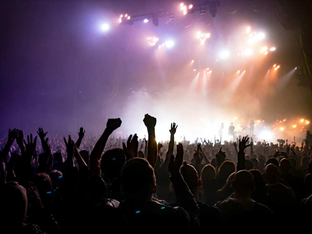 Crowd facing a lit stage